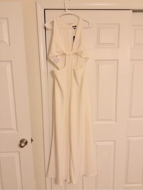 Express Cream Sleeveless Knot-Front Wide Leg Jumpsuit